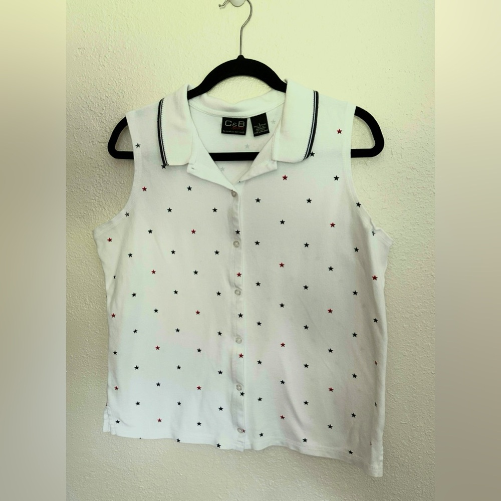 Vintage C&B Sport Sleeveless Women’s Patriotic Red, White & Blue Stars Top Sz L